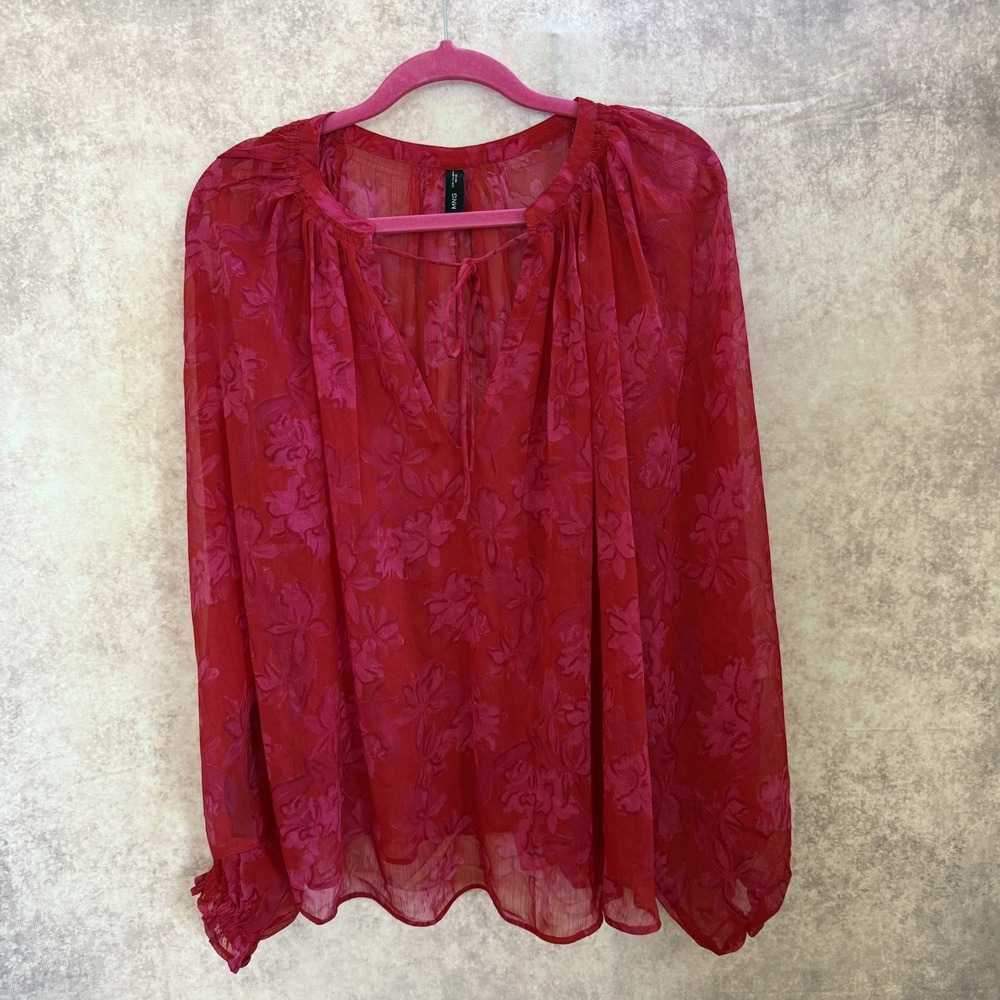 MNG Mango Women's Plus Multicolor Long Sleeve‎ Pull Over Sheer Blouse Top 1XL